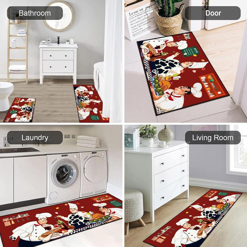 UYDOXCU 2 Piece Fat Chef Kitchen Rug Set, Red Modern Rustic Vintage Decor Kitchen Floor Mat, Non-Slip Absorbent and Washable Home Decoration Carpet 17 * 30+17 * 47 Inches - Image 5